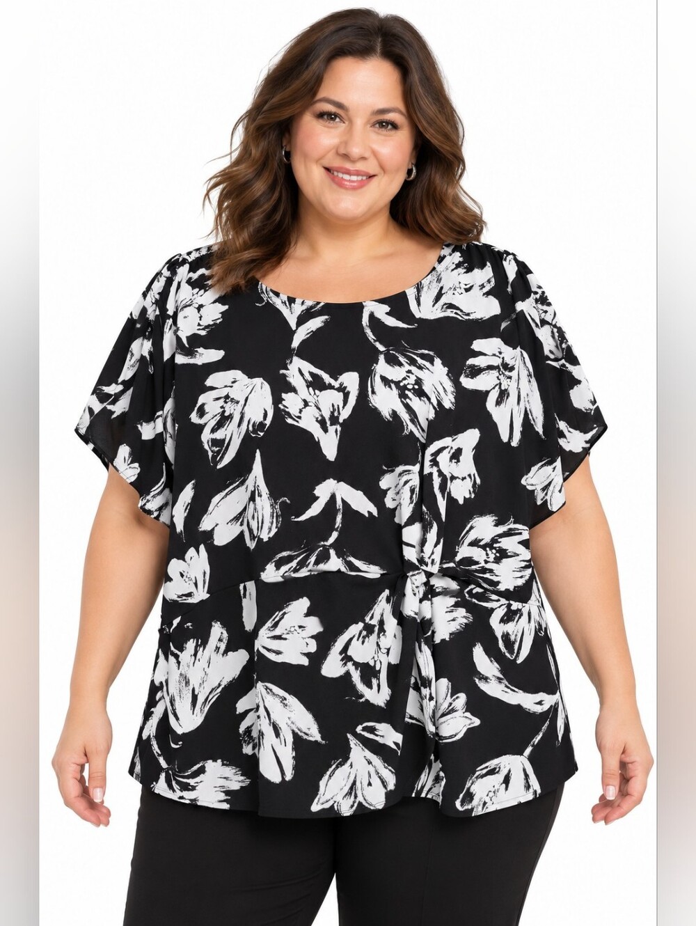 INC Plus Size 2X Black White Floral knot Blouse Career Office Chic